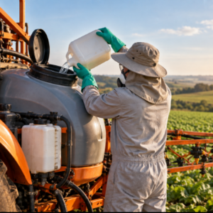 trabalhador abastecendo pulverizador agricola - abracoa