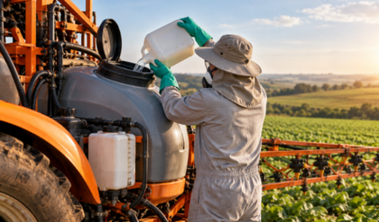 trabalhador abastecendo pulverizador agricola - abracoa
